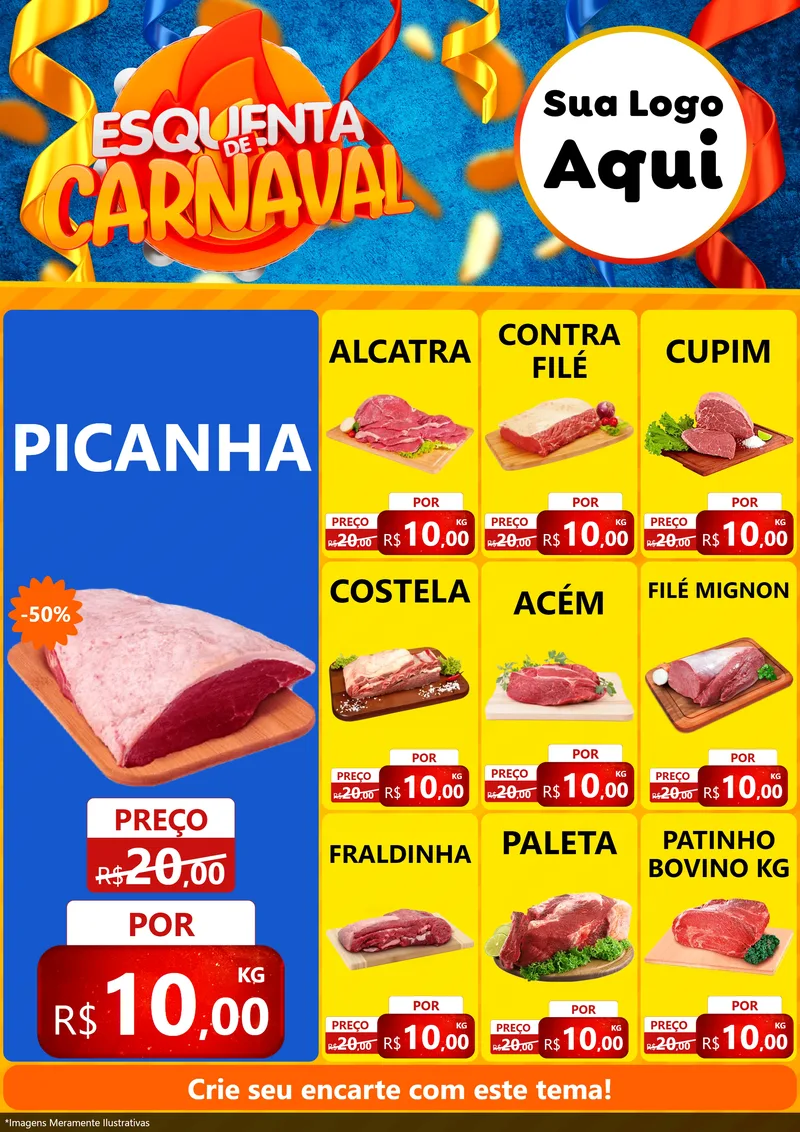 Modelo de Encarte para Encarte A4 Vertical com o tema Esquenta de Carnaval para Açougue