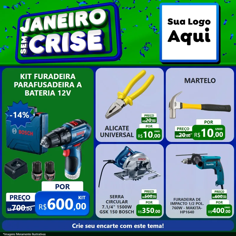 Modelo de Rede Social para Feed Facebook com o tema Janeiro Sem Crise para Maquinas e Ferramentas