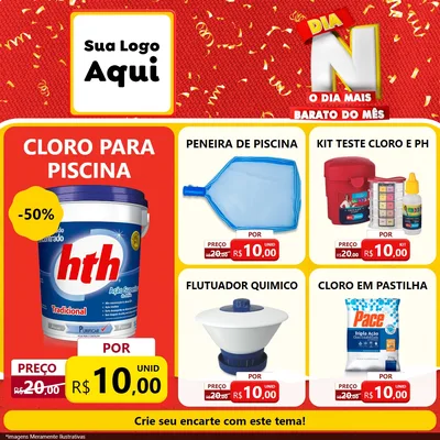 Modelo de Rede Social para Feed Facebook com o tema Dia N o Dia Mais Barato do Mês para Produtos para Piscina