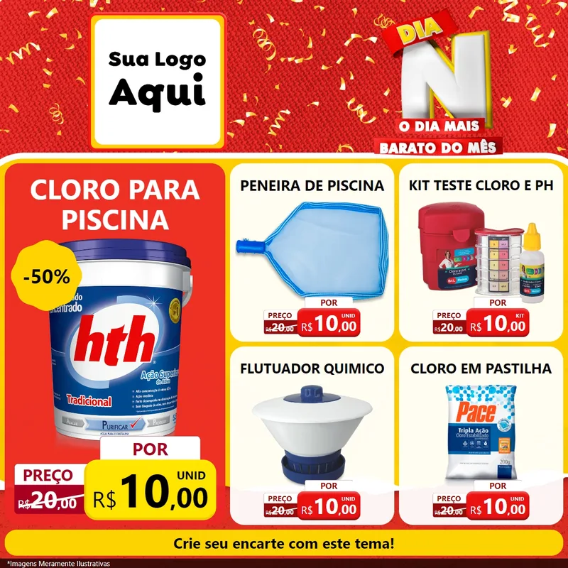 Modelo de Rede Social para Feed Facebook com o tema Dia N o Dia Mais Barato do Mês para Produtos para Piscina