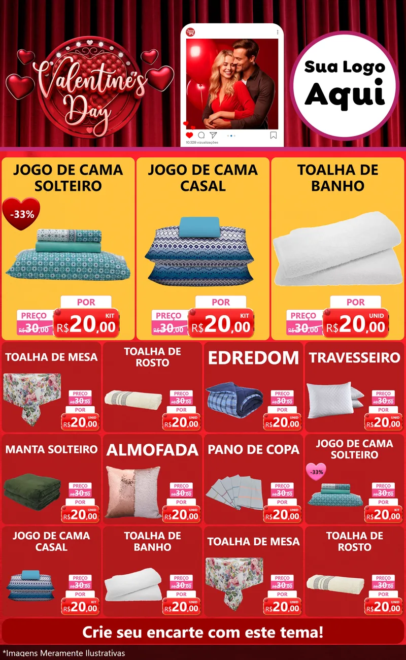 Modelo de Encarte para Encarte Grande com o tema Valentine's Day para Cama, Mesa e Banho