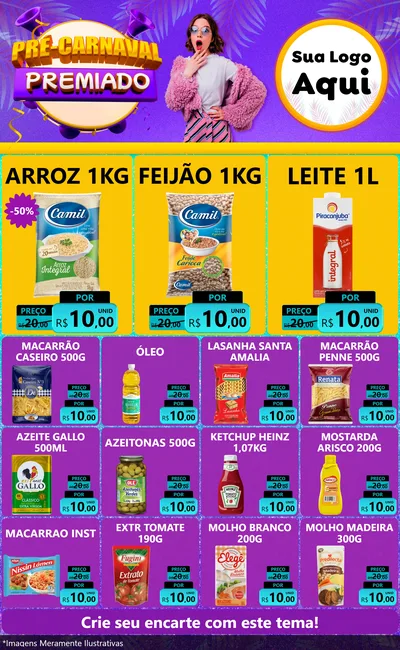 Modelo de Encarte para Encarte Grande com o tema Pré-Carnaval Premiado para Supermercado