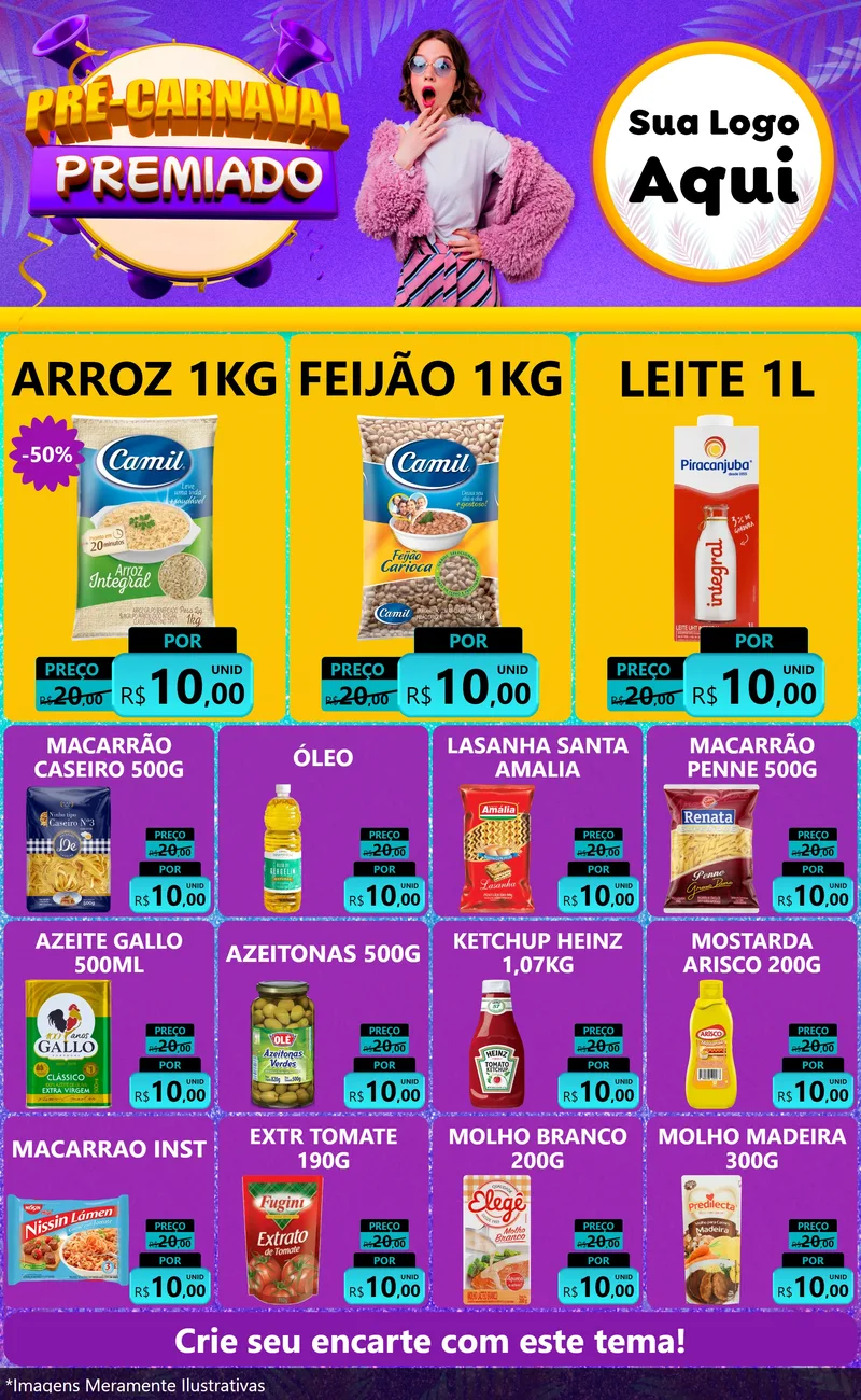 Modelo de Encarte para Encarte Grande com o tema Pré-Carnaval Premiado para Supermercado