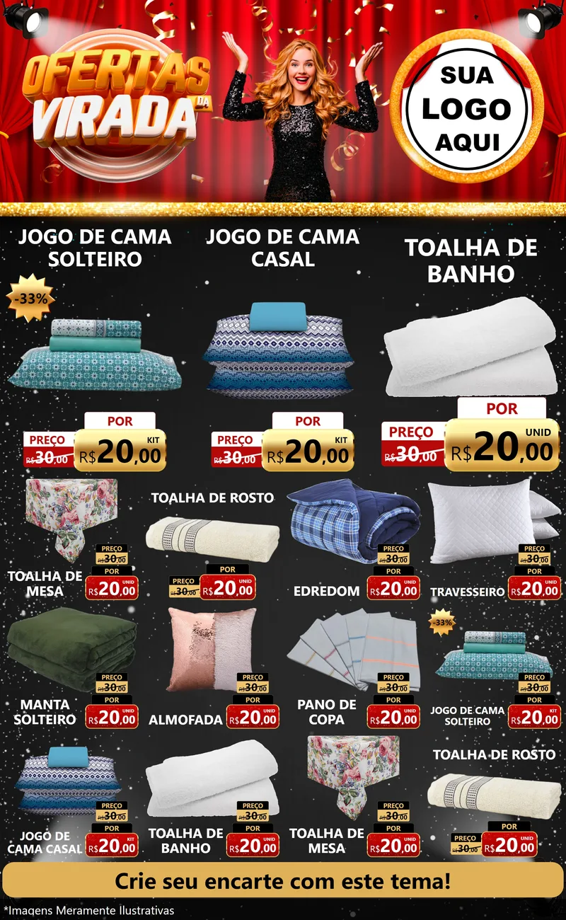 Modelo de Encarte para Encarte Grande com o tema Ofertas da Virada para Cama, Mesa e Banho
