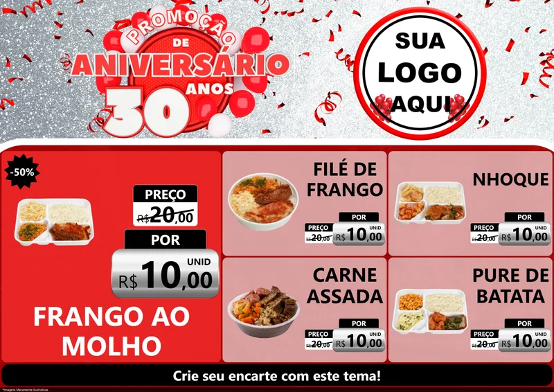 Modelo de Encarte para Encarte A4 Horizontal com o tema Promoção de Aniversário - 30 Anos para Restaurante
