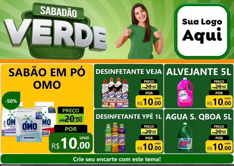 Modelo de Encarte para Encarte A4 Horizontal com o tema Sabadão Verde para Produtos de Limpeza