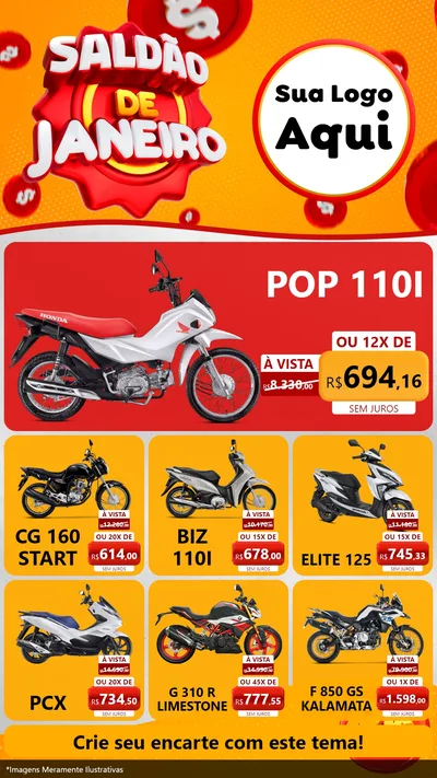 Modelo de Rede Social para Stories com o tema Saldão de Janeiro para Concessionaria de Motos
