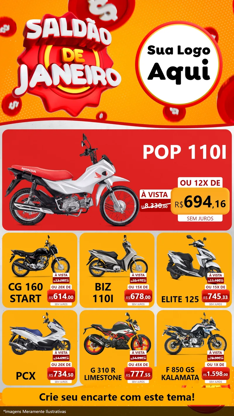 Modelo de Rede Social para Stories com o tema Saldão de Janeiro para Concessionaria de Motos