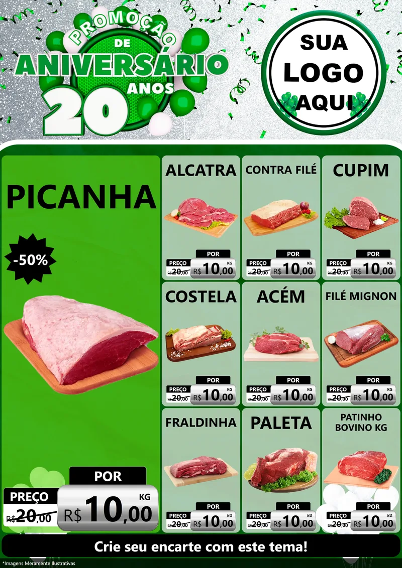 Modelo de Encarte para Encarte A4 Vertical com o tema Promoção de Aniversário - 20 Anos para Açougue