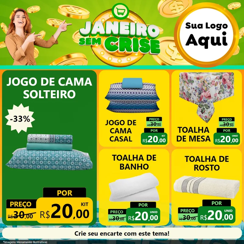 Modelo de Rede Social para Feed Facebook com o tema Janeiro Sem Crise para Cama, Mesa e Banho