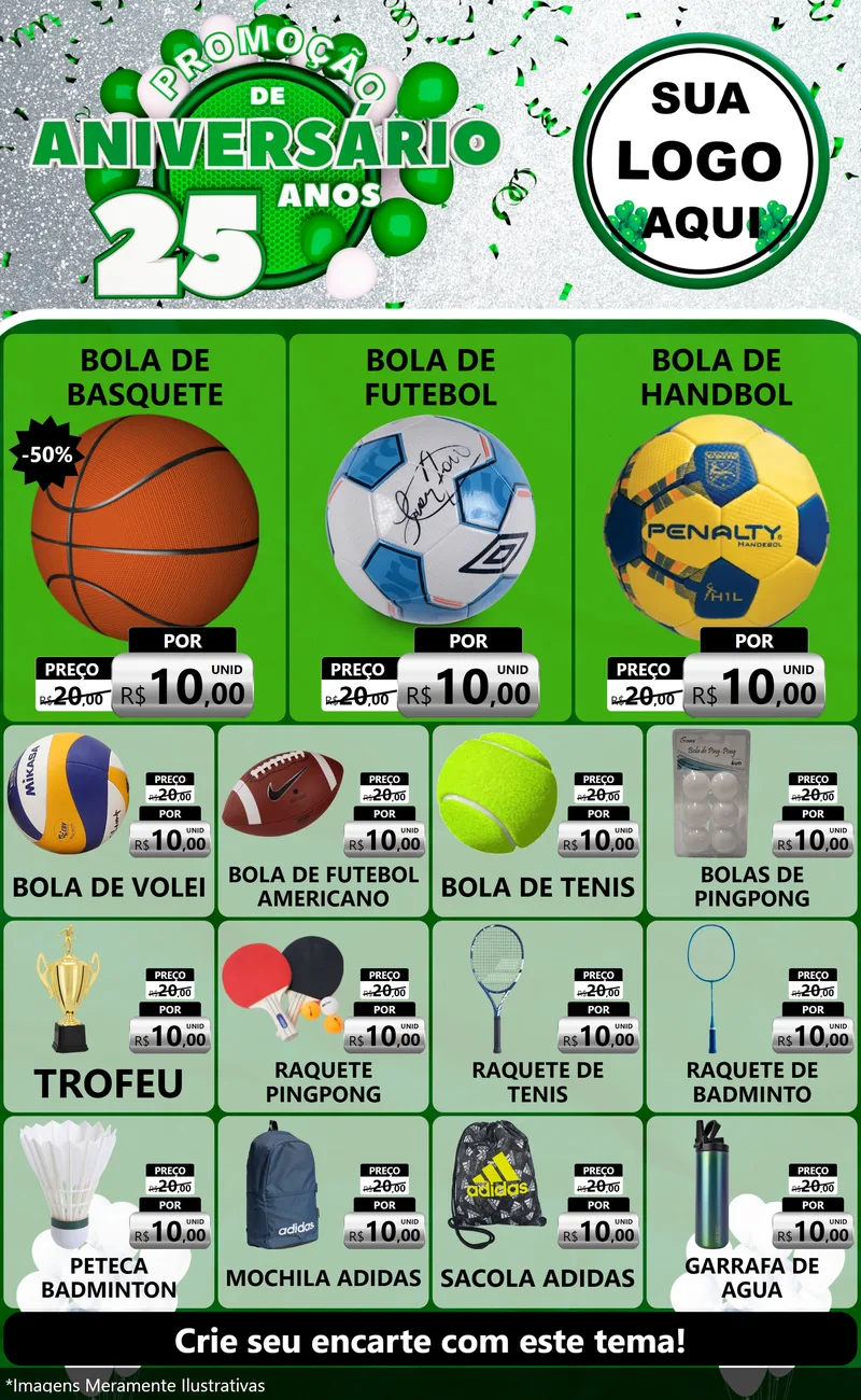 Modelo de Encarte para Encarte Grande com o tema Promoção de Aniversário - 25 Anos para Artigos Esportivos
