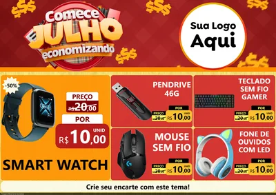 Modelo de Encarte para Encarte A4 Horizontal com o tema Comece Julho Economizando para Informática
