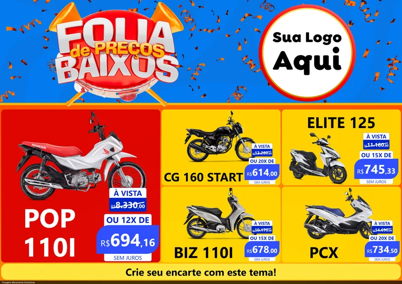 Modelo de Encarte para Encarte A4 Horizontal com o tema Folia de Preços Baixos para Concessionaria de Motos