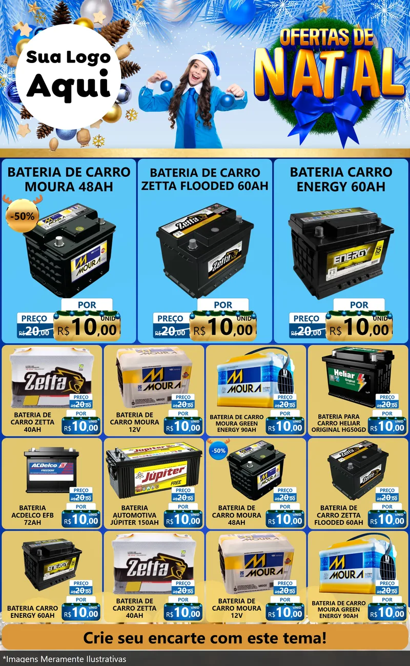 Modelo de Encarte para Encarte Grande com o tema Ofertas de Natal para Baterias Elétricas