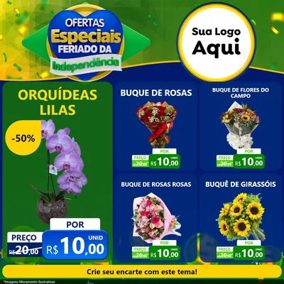 Modelo de Rede Social para Feed Facebook com o tema Ofertas Especiais Feriado da Independência para Floricultura e jardim