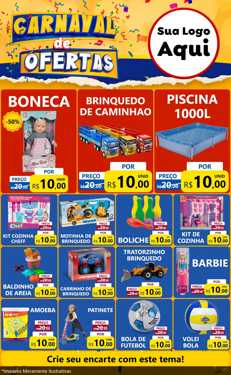 Modelo de Encarte para Encarte Grande com o tema Carnaval de Ofertas para Brinquedos