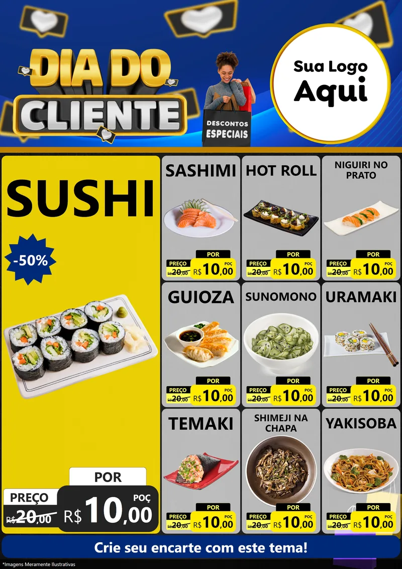 Modelo de Encarte para Encarte A4 Vertical com o tema Dia Do Cliente para Comida japonesa