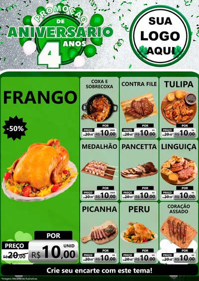 Modelo de Encarte para Encarte A4 Vertical com o tema Promoção de Aniversário - 4 Anos para Assados