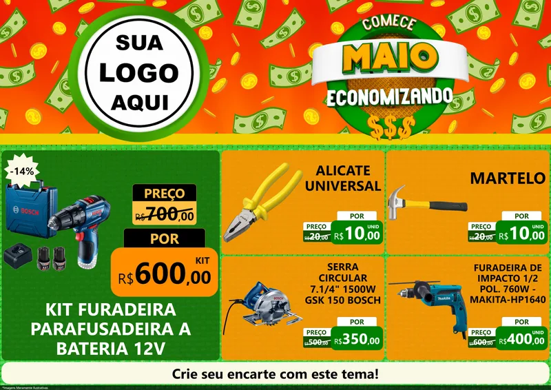 Modelo de Encarte para Encarte A4 Horizontal com o tema Comece Maio Economizando para Maquinas e Ferramentas