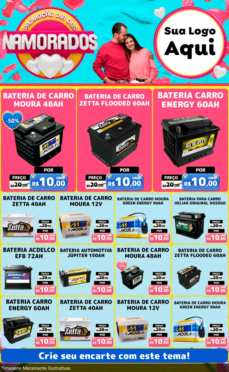 Modelo de Encarte para Encarte Grande com o tema Promoção Dia dos Namorados para Baterias Elétricas