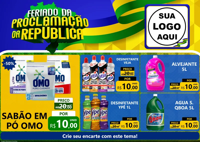 Modelo de Encarte para Encarte A4 Horizontal com o tema Feriado da Proclamação da República para Produtos de Limpeza