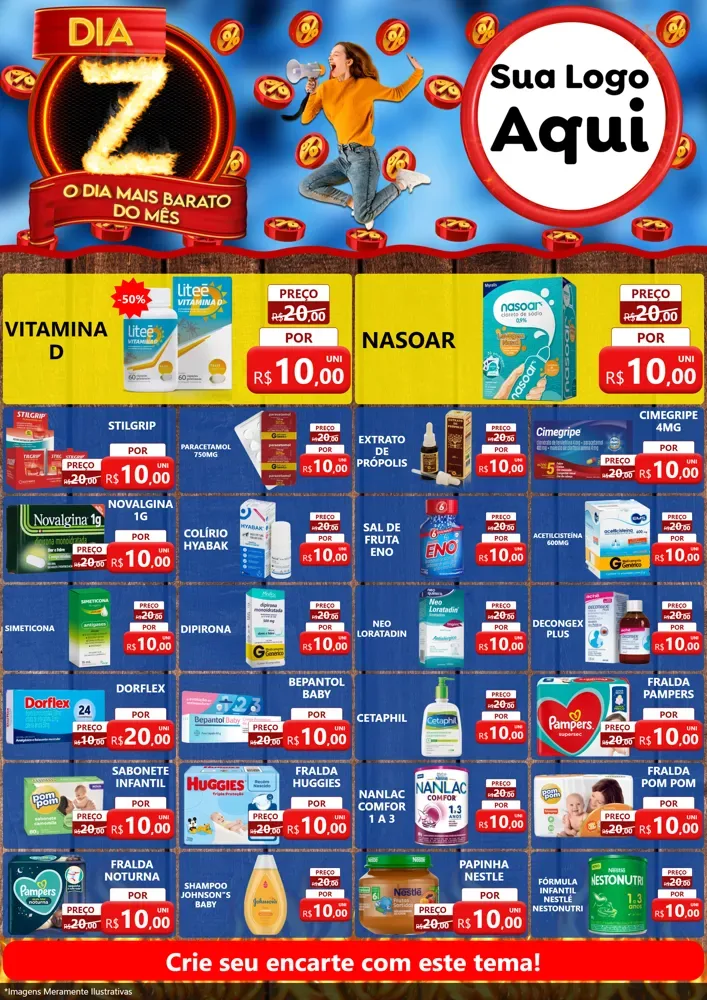 Modelo de Encarte para Encarte A4 Vertical com o tema Dia Z - O Dia Mais Barato Do Mês para Farmácia