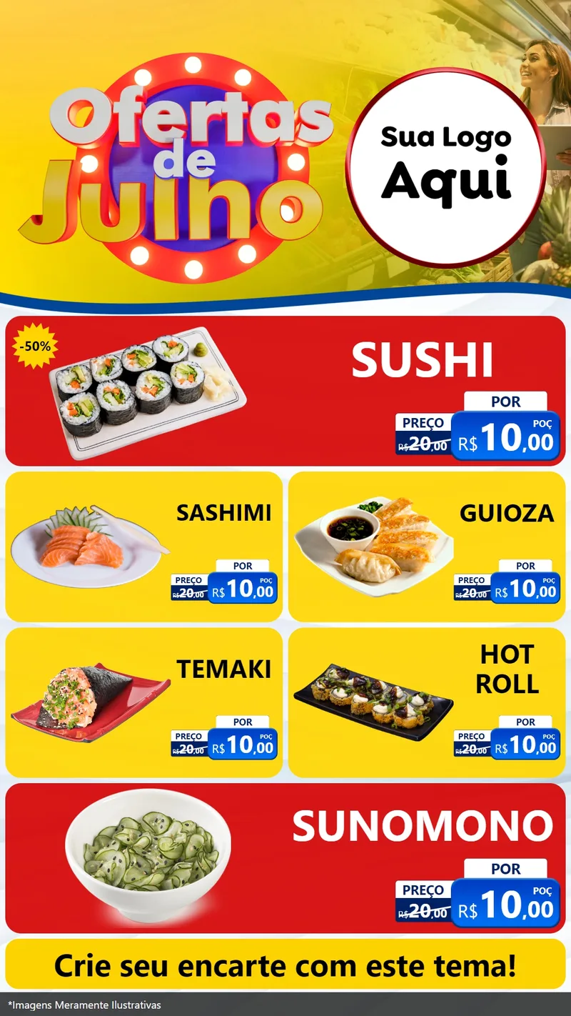 Modelo de TV para TV Vertical com o tema Ofertas de Julho para Comida japonesa