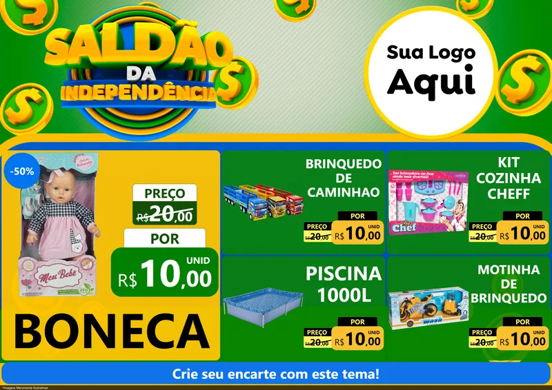 Modelo de Encarte para Encarte A4 Horizontal com o tema Saldão da Indepêndencia para Brinquedos