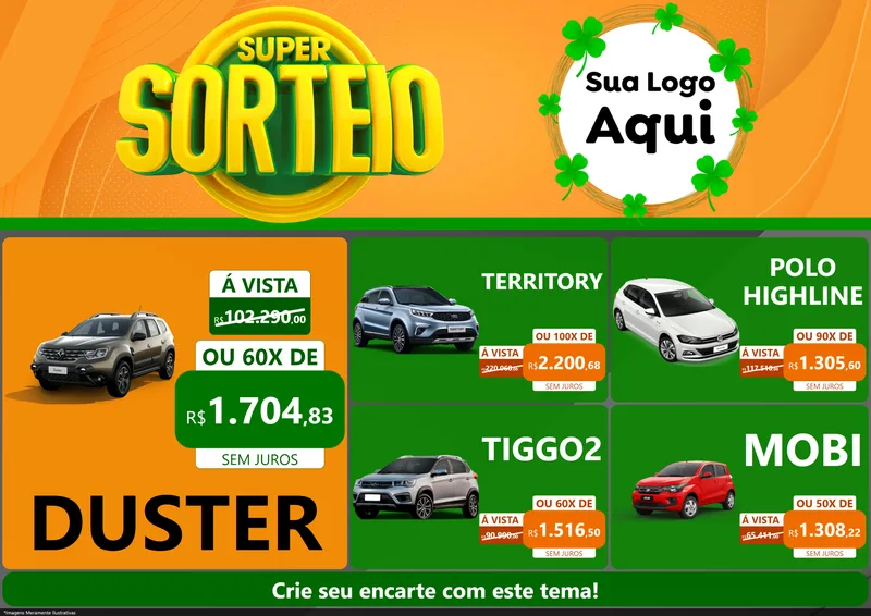 Modelo de Encarte para Encarte A4 Horizontal com o tema Super Sorteio para Concessionaria de Carros