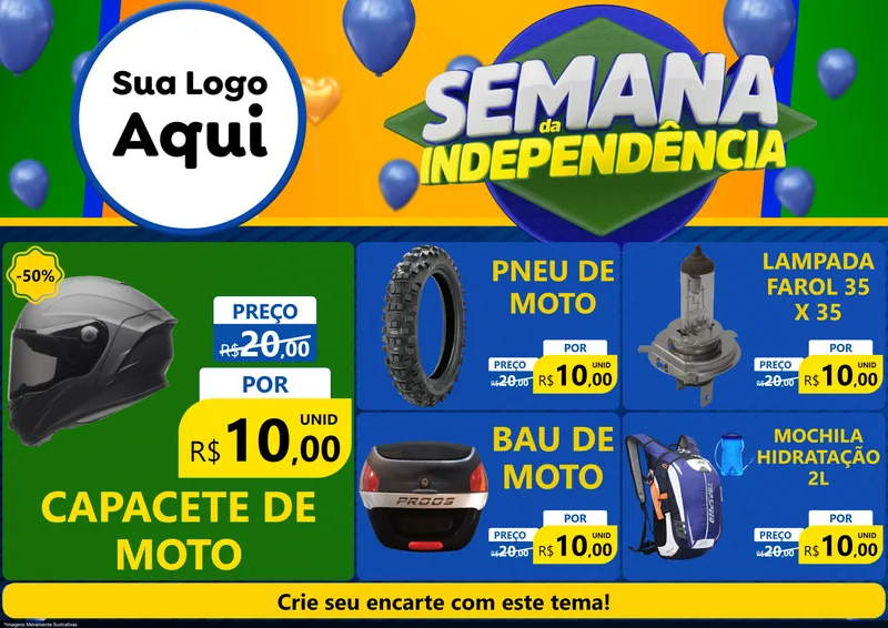 Modelo de Encarte para Encarte A4 Horizontal com o tema Semana da Independência para Moto peças