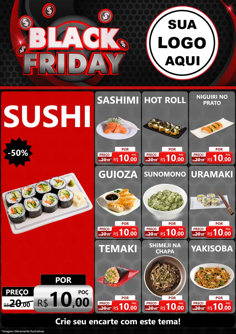 Modelo de Encarte para Encarte A4 Vertical com o tema Black Friday para Comida japonesa