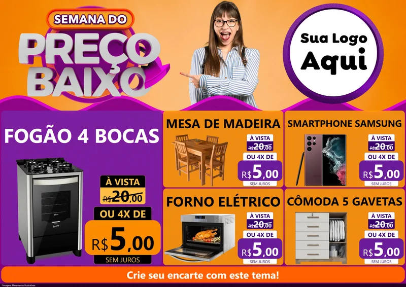 Modelo de Encarte para Encarte A4 Horizontal com o tema Semana do Preço Baixo para Móveis e Eletro