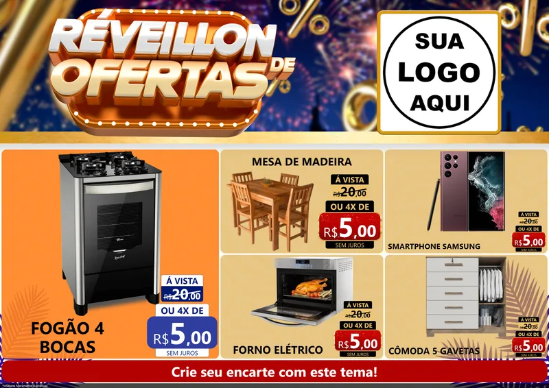 Modelo de Encarte para Encarte A4 Horizontal com o tema Réveillon de Ofertas para Móveis e Eletro