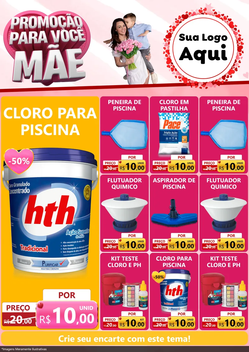 Modelo de Encarte para Encarte A4 Vertical com o tema Promoção Para Você Mãe para Produtos para Piscina