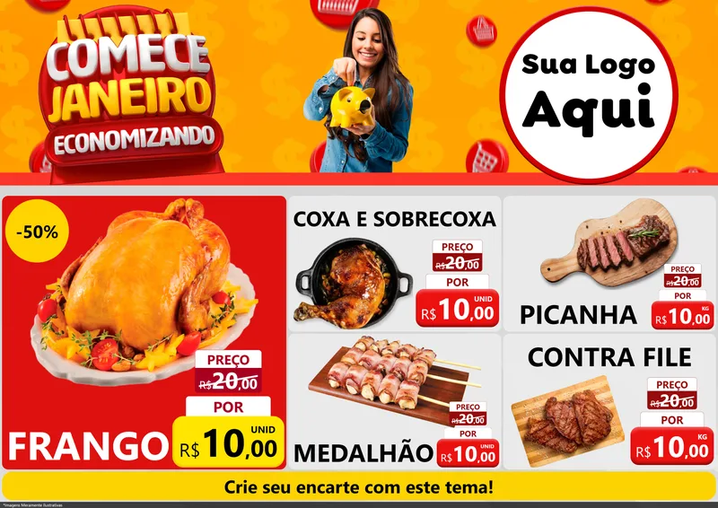 Modelo de Encarte para Encarte A4 Horizontal com o tema Comece Janeiro Economizando para Assados