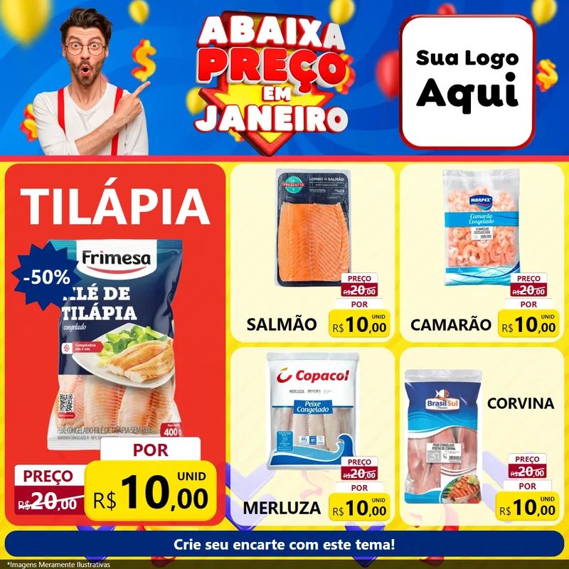 Modelo de Rede Social para Feed Facebook com o tema Abaixa Preço em Janeiro para Peixaria