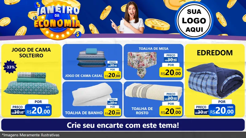 Modelo de TV para TV Horizontal com o tema Janeiro da Economia para Cama, Mesa e Banho