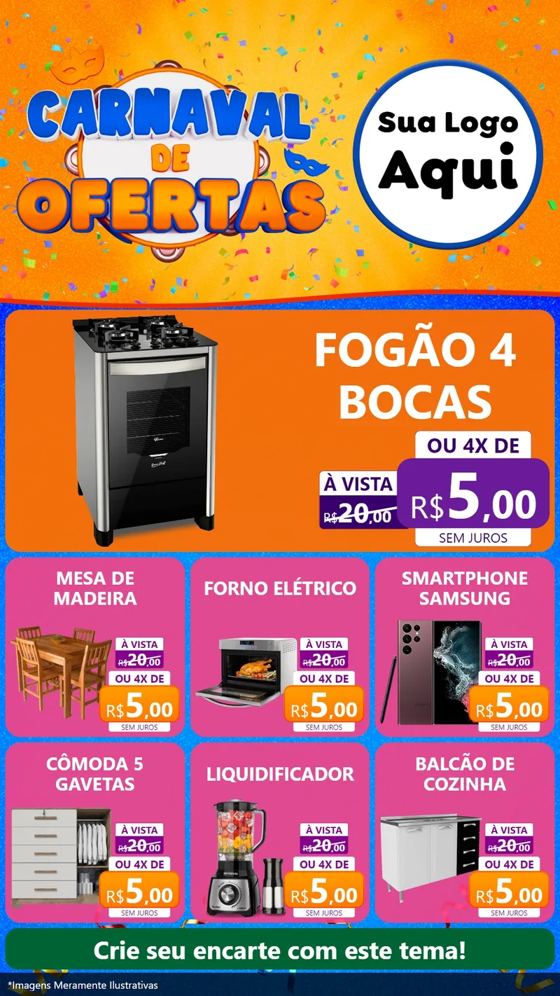 Modelo de Rede Social para Stories com o tema Carnaval de Ofertas para Móveis e Eletro
