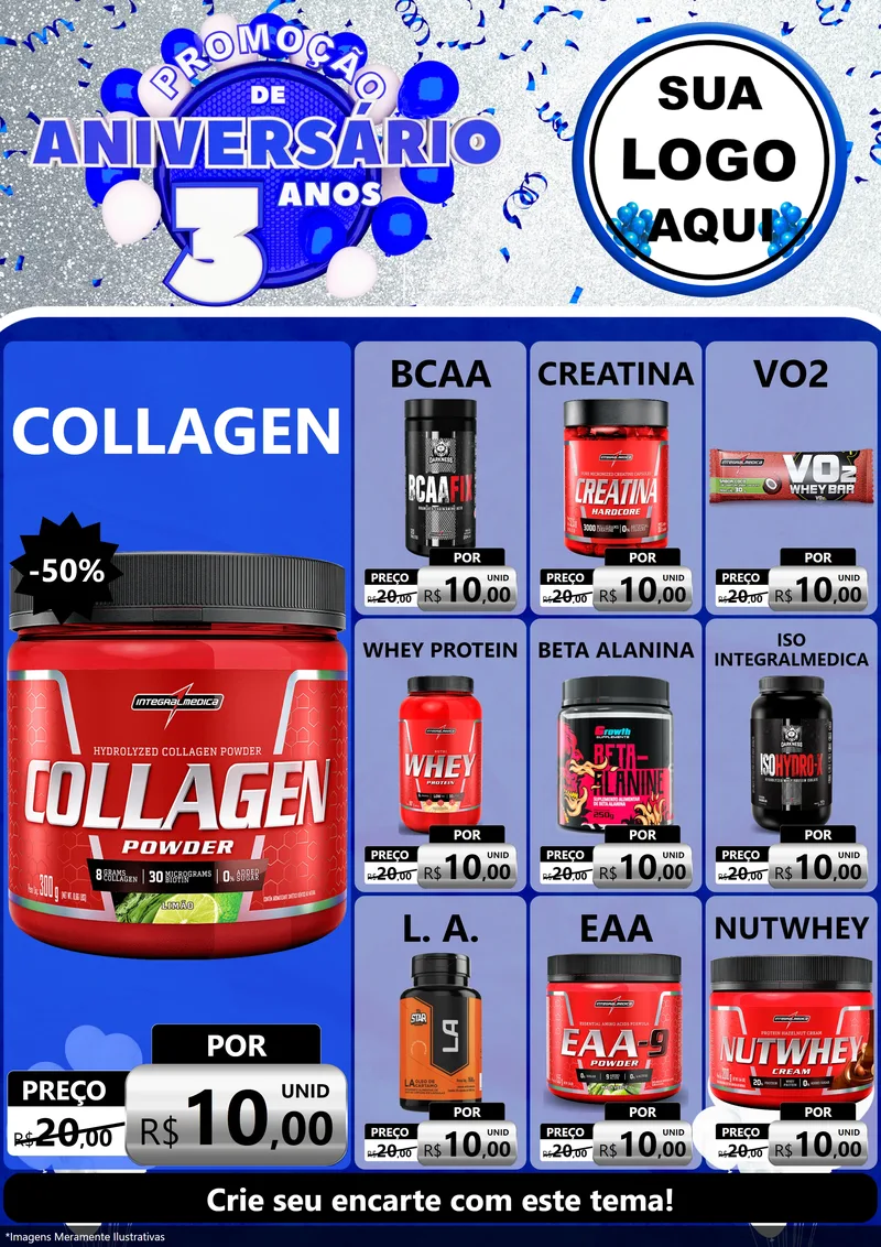 Modelo de Encarte para Encarte A4 Vertical com o tema Promoção de Aniversário - 3 Anos para Suplementos alimentares
