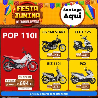 Modelo de Rede Social para Feed Facebook com o tema Festa Junina de Grandes Ofertas para Concessionaria de Motos