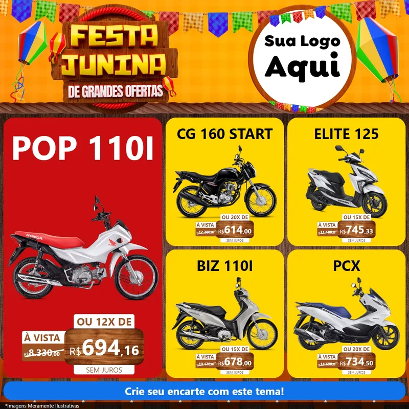 Modelo de Rede Social para Feed Facebook com o tema Festa Junina de Grandes Ofertas para Concessionaria de Motos