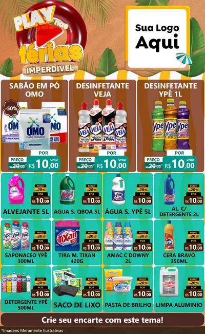 Modelo de Encarte para Encarte Grande com o tema Play Nas Férias Imperdível para Produtos de Limpeza