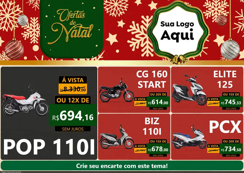 Modelo de Encarte para Encarte A4 Horizontal com o tema Natal de Ofertas para Concessionaria de Motos