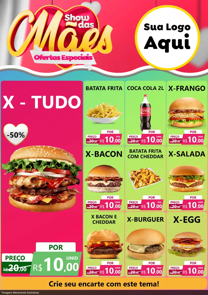 Modelo de Encarte para Encarte A4 Vertical com o tema Show das Mães - Ofertas Especiais para Hamburgueria