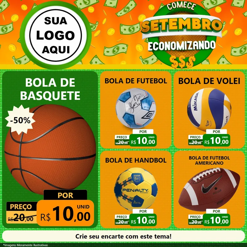 Modelo de Rede Social para Feed Facebook com o tema Comece Setembro Economizando para Artigos Esportivos
