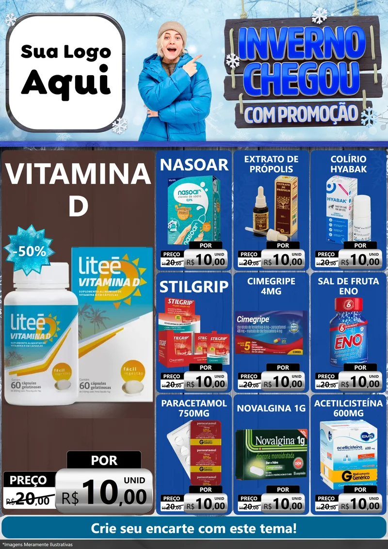 Modelo de Encarte para Encarte A4 Vertical com o tema Inverno Chegou Com Promoção para Farmácia