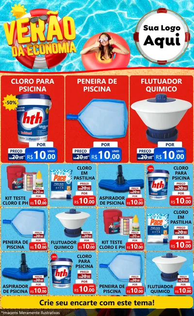 Modelo de Encarte para Encarte Grande com o tema Verão da Economia para Produtos para Piscina