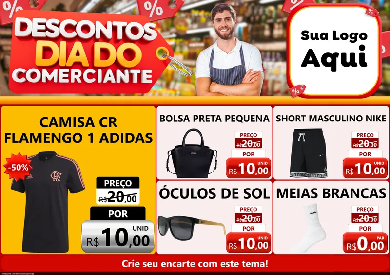 Modelo de Encarte para Encarte A4 Horizontal com o tema Descontos Dia do Comerciante para Roupas e acessórios