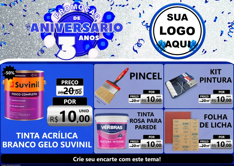 Modelo de Encarte para Encarte A4 Horizontal com o tema Promoção de Aniversário - 3 Anos para Tintas e Ferramentas