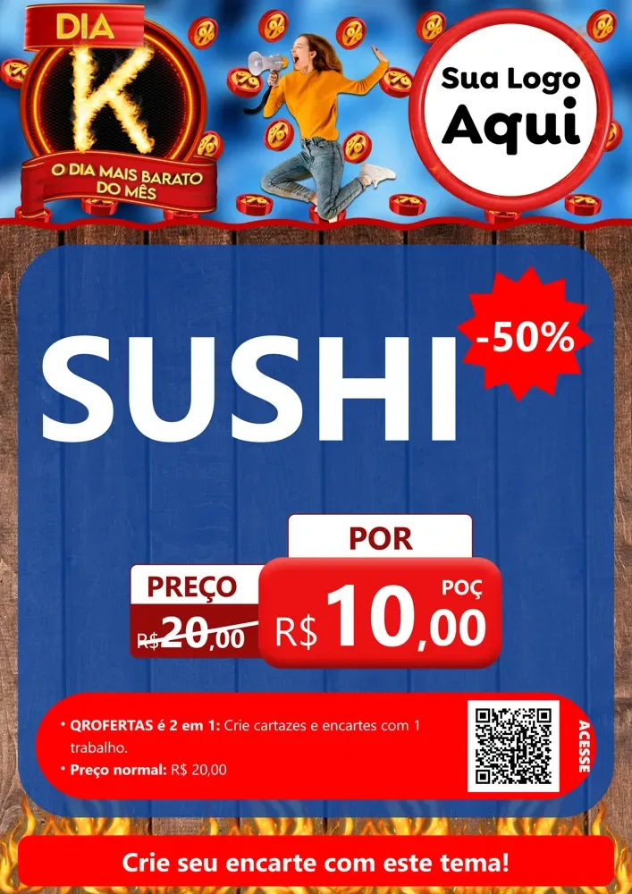 Modelo de Cartaz para Cartaz A4 Vertical com o tema Dia K - O Dia Mais Barato Do Mês para Comida japonesa